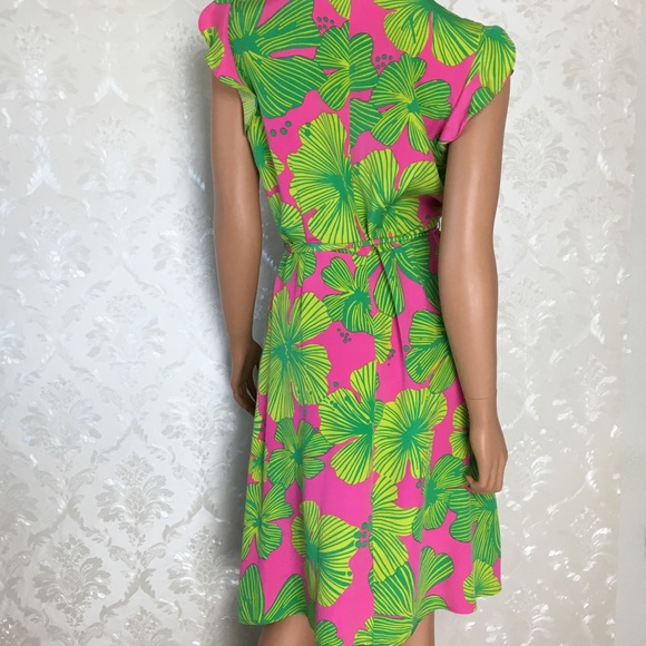 Lilly Pulitzer Silk Wrap Pink Green Hibiscus Dress - Picture 2 of 8